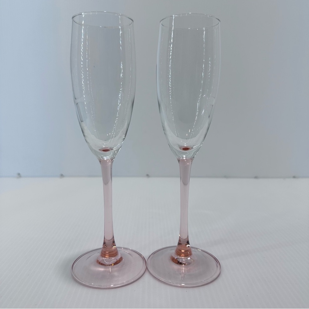 Luminarc France Champagne Flutes Glasses Pair Pink Applied Flower Wedding